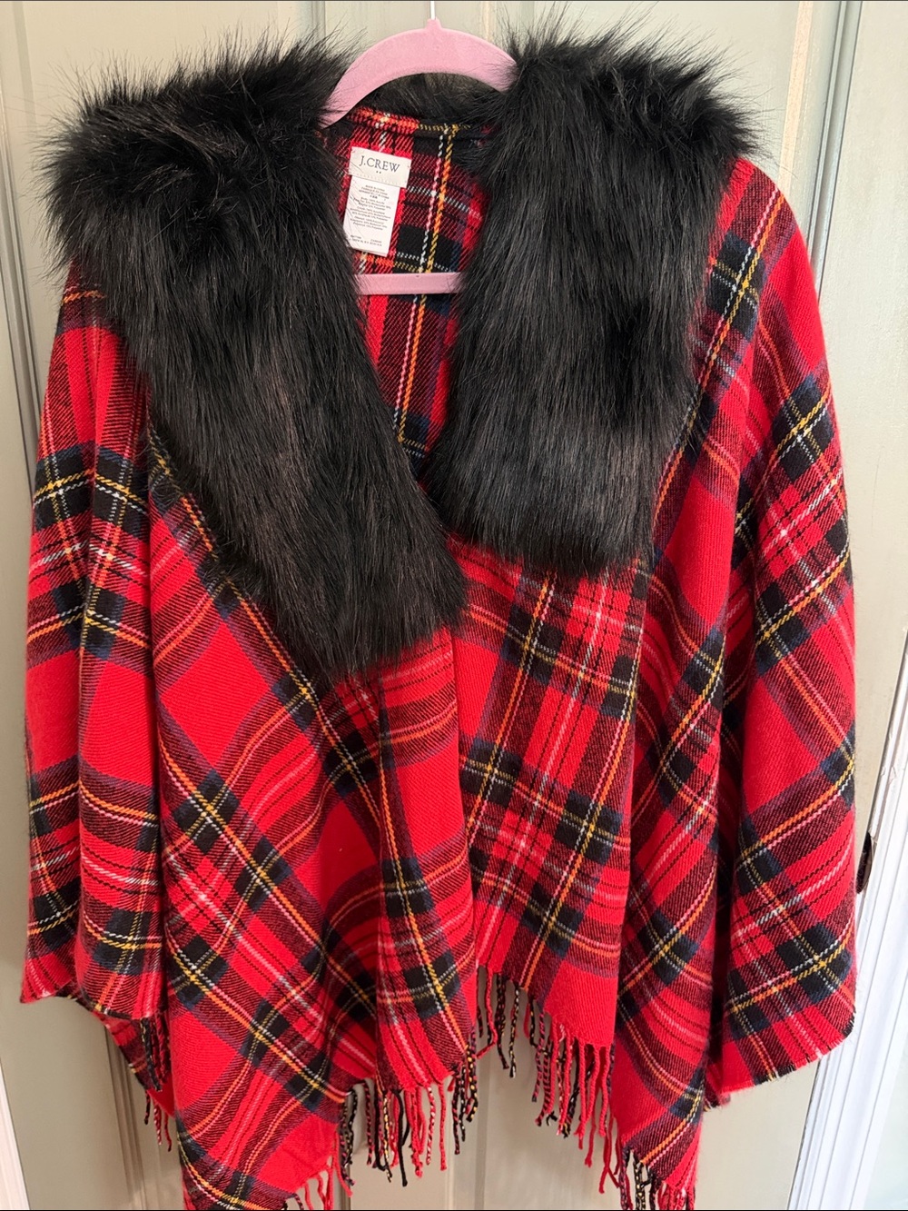 J. Crew Red Plaid Cape with Black Faux-Fur Collar